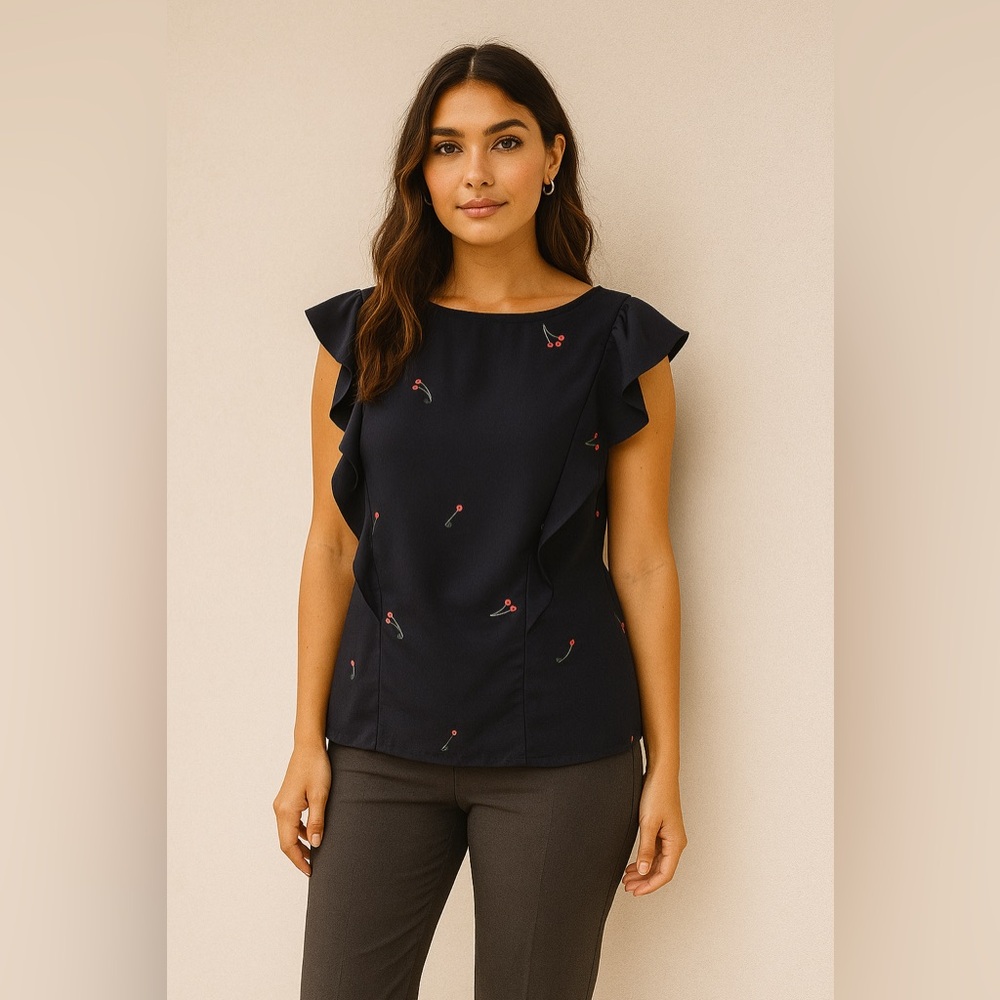 Blue Flutter Sleeve Ruffled Blouse with Pink Accents